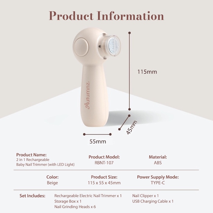 Autumnz 2 in 1 Rechargeable Baby Nail Trimmer (with LED LIght) 宝宝电动指甲剪刀
